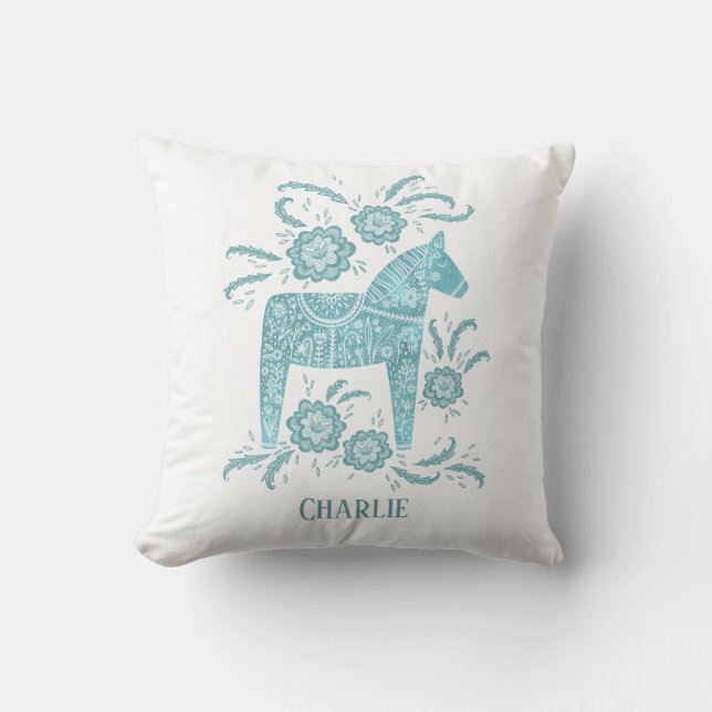Swedish Dala Horse Art Teal Custom Name Cushion (Front)