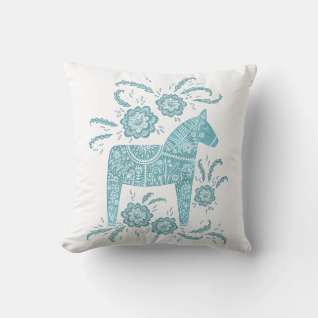 Swedish Dala Horse Art Teal Green Cushion (Front)