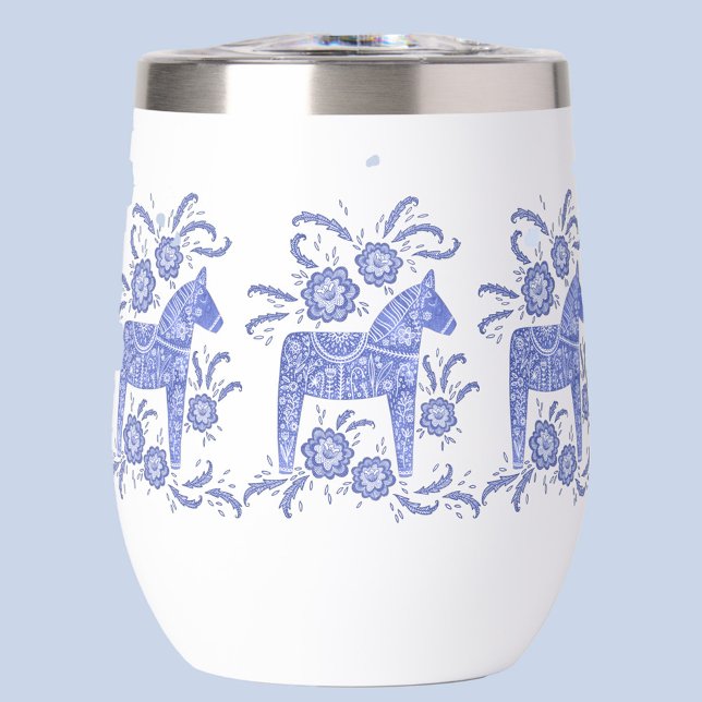 Swedish Dala Horse Blue and White (Blue and white Swedish Dala Horse thermal wine glass)