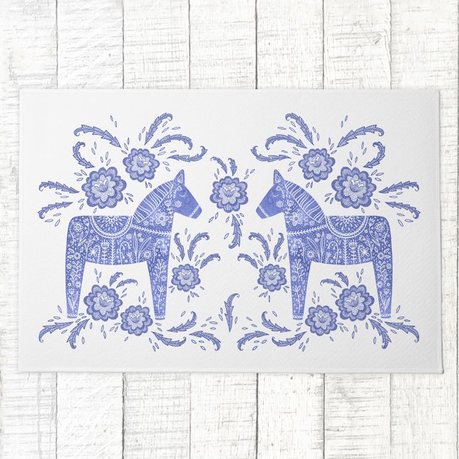 Swedish Dala Horse Blue and White Doormat (Swedish Dala Horse folk art blue and white doormat)