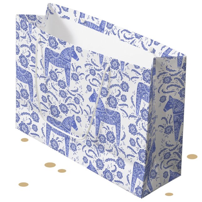 Swedish Dala Horse Blue and White Large Gift Bag (Swedish Dala Horse blue and white gift bag)