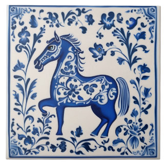 Swedish Dala horse Blue and White nouveau ceramic  Ceramic Tile