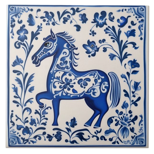 Swedish Dala horse Blue and White nouveau ceramic  Ceramic Tile (Front)