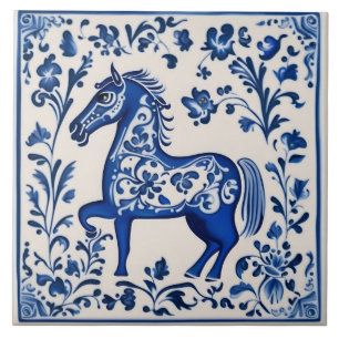 Swedish Dala horse Blue and White nouveau ceramic  Tile