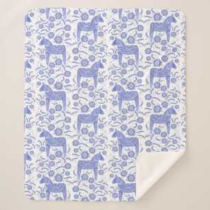 Swedish Dala Horse Blue and White Sherpa Blanket