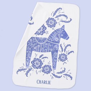 Swedish Dala Horse Blue Custom Name Baby Blanket