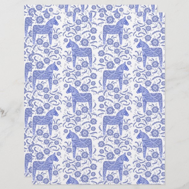 Swedish Dala Horse Blue Folk Art Scrapbook Paper (Front/Back)