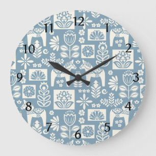 Swedish Dala Horse Collage in Slate Blue Large Clock