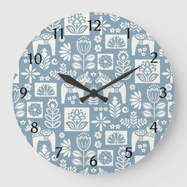 Swedish Dala Horse Collage in Slate Blue Large Clock (Front)