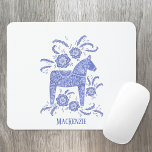 Swedish Dala Horse Custom Name Blue Mouse Pad<br><div class="desc">A traditional Dala Horse from Sweden in indigo blue.
Remove or change the name to customise.</div>