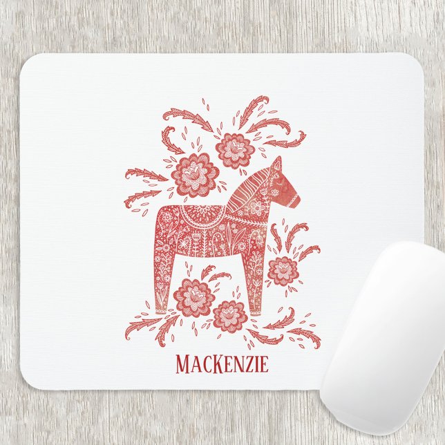 Swedish Dala Horse Custom Name Mouse Pad (Swedish Dala Horse red and white personalized name mousemat)