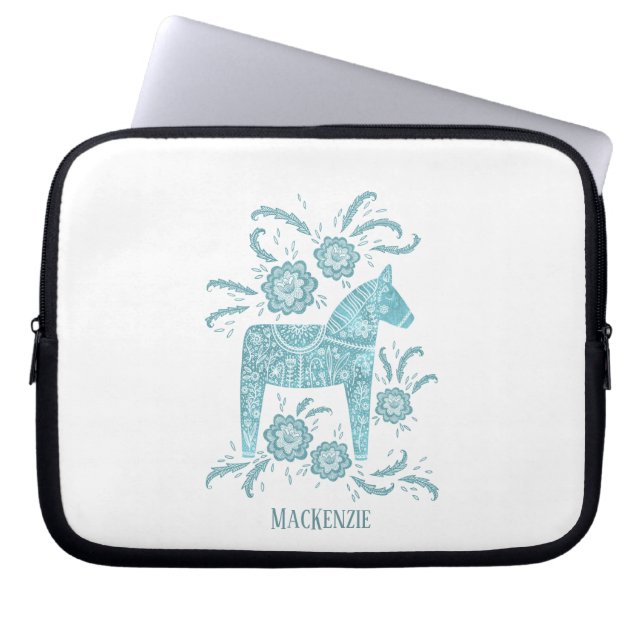 Swedish Dala Horse Custom Name Teal Laptop Sleeve (Front)