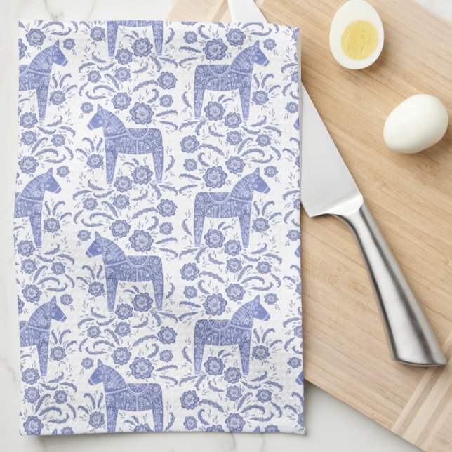 Swedish Dala Horse Folk Art Blue Kitchen Towel (Swedish Dala horse blue and white folk art kitchen towel)
