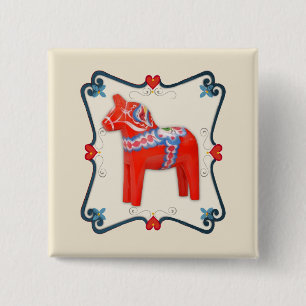 Swedish Dala Horse Folk Art Framed 15 Cm Square Badge
