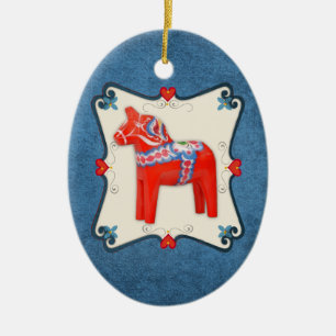 Swedish Dala Horse Folk Art Framed Ceramic Tree Decoration