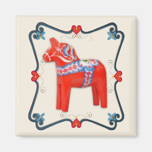 Swedish Dala Horse Folk Art Framed Magnet