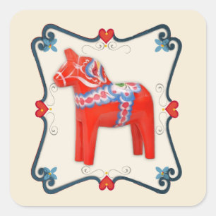 Swedish Dala Horse Folk Art Framed Square Sticker