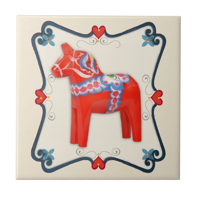 Swedish Dala Horse Folk Art Framed Tile (Front)