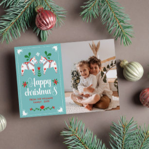 Swedish Dala Horse Folk Art Happy Christmas Holiday Card