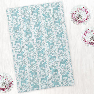 Swedish Dala Horse Folk Art Teal Green Tea Towel