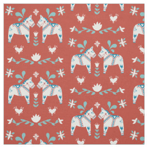 Swedish Dala Horse Folk White Red Christmas Fabric