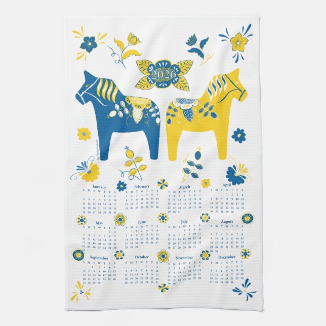 Swedish Dala Horse Full Year 2026 Calendar Tea Towel (Vertical)