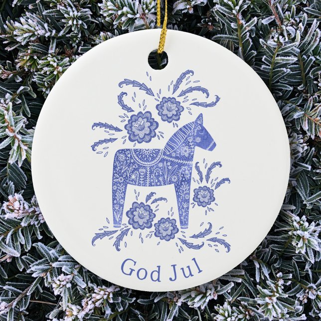 Swedish Dala Horse God Jul Blue White Ceramic Ornament (Creator Uploaded)