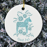 Swedish Dala Horse God Jul Teal White Ceramic Ornament<br><div class="desc">Festive teal green and white painting of a Swedish Dala Horse. 
Change or remove the God Jul greeting to customise.  Original art by Nic Squirrell.</div>