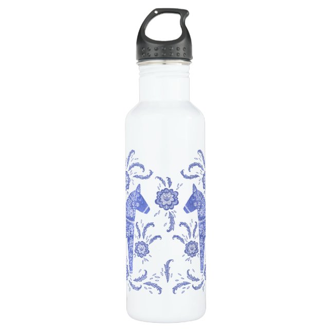 Swedish Dala Horse Indigo Blue  and White 710 Ml Water Bottle (Front)