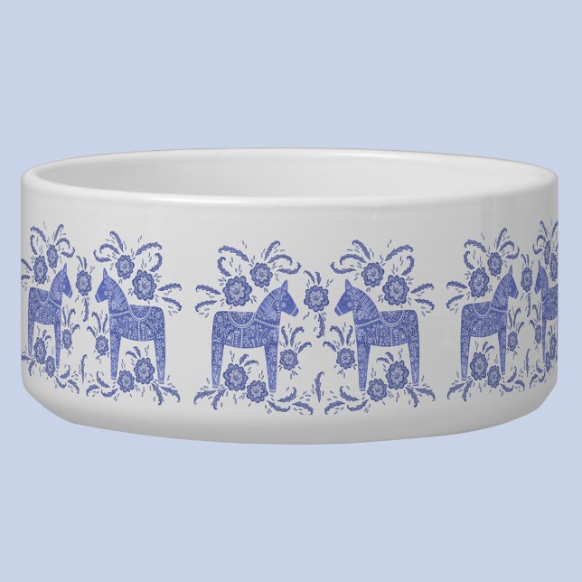 Swedish Dala Horse Indigo Blue and White Bowl (Swedish Dala Horse blue and white pet bowl)