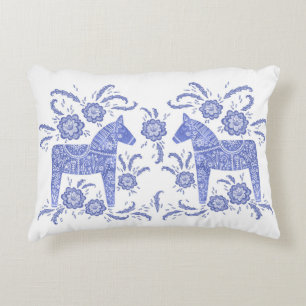 Swedish Dala Horse Indigo Blue and White Decorative Cushion