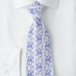 Swedish Dala Horse Indigo Blue and White Folk Art Tie