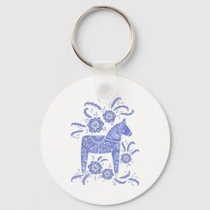 Swedish Dala Horse Indigo Blue and White Key Ring