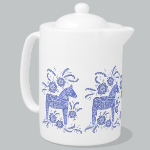 Swedish Dala Horse Indigo Blue and White Teapot