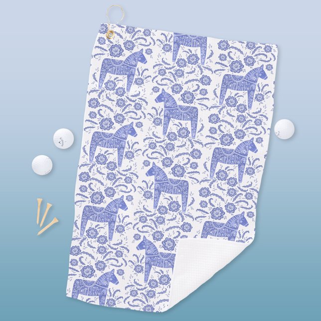 Swedish Dala Horse Indigo Blue Folk Art Golf Towel (Swedish Dala Horse blue and white pattern golf towel)