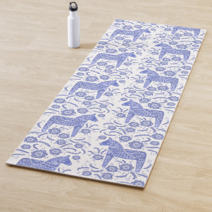 Swedish Dala Horse Indigo Blue Folk Art Yoga Mat