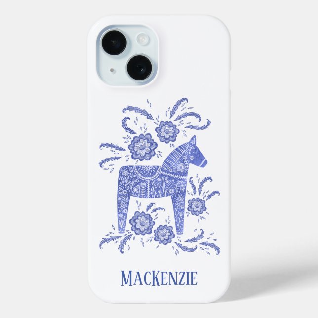 Swedish Dala Horse Personalised Blue Case-Mate iPhone Case (Back)