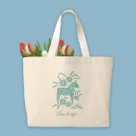 Swedish Dala Horse Personalised Large Tote Bag<br><div class="desc">A pretty traditional Swedish Dala Horse in teal green and white with script typography.  Change the name to personalise.  Original art by Nic Squirrell.</div>