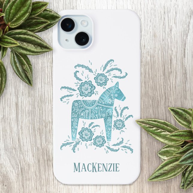 Swedish Dala Horse Personalised Teal Case-Mate iPhone Case (Swedish Dala Horse personalized name cell phone case)