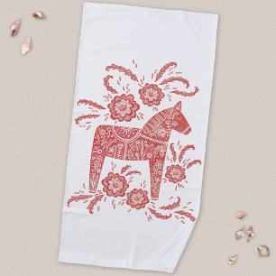 Swedish Dala Horse Red and White Beach Towel