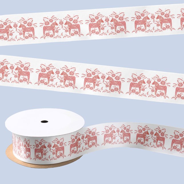 Swedish Dala Horse Red and White Folk Art Satin Ribbon (Swedish Dala Horse red and white festive satin ribbon)