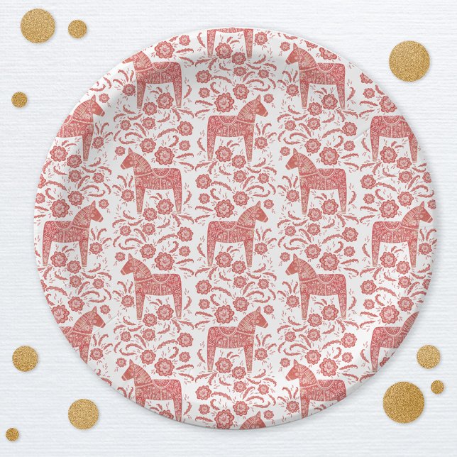Swedish Dala Horse Red and White Paper Plate (Swedish Dala Horse red and white pattern party paper plate)