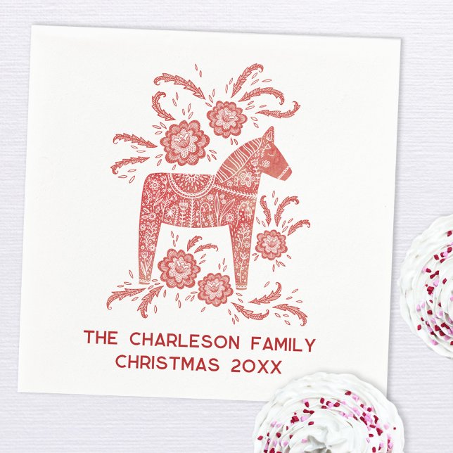 Swedish Dala Horse Red and White Personalised Napkin (Swedish Dala Horse Scandinavian red and white personalized custom text Christmas party paper napkin)