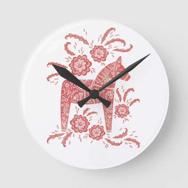 Swedish Dala Horse Red and White Round Clock (Front)