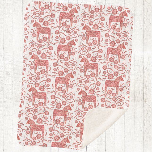 Swedish Dala Horse Red and White Sherpa Blanket (Swedish Dala Horse red and white sherpa fleece blanket)