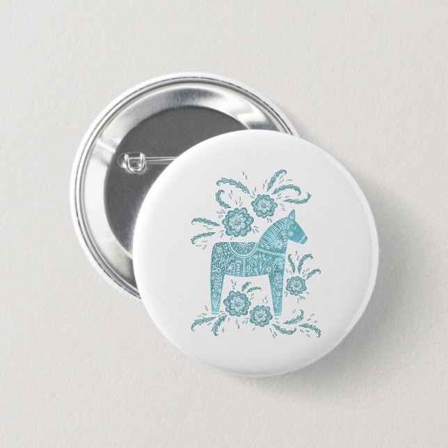 Swedish Dala Horse Teal and White Button (Front & Back)