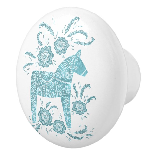 Swedish Dala Horse Teal and White Ceramic Knob (Right)