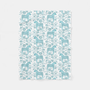 Swedish Dala Horse Teal and White Fleece Blanket