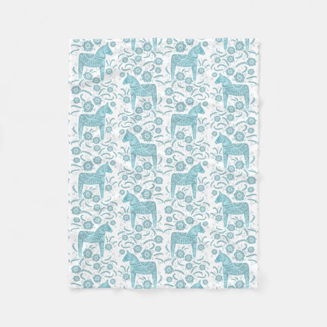 Swedish Dala Horse Teal and White Fleece Blanket (Front)