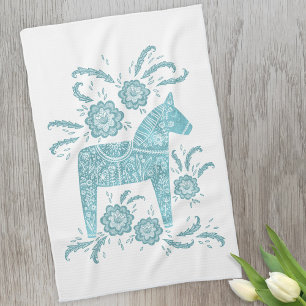 Swedish Dala Horse Teal and White Kitchen Towel